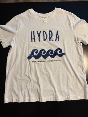 H&M White Short Sleeve Tee with Blue 'HYDRA' Graphic
